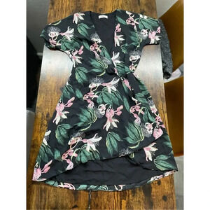 Babaton Wallace Wrap Front Short Sleeve Dress Black & Tropical Floral Print XXS